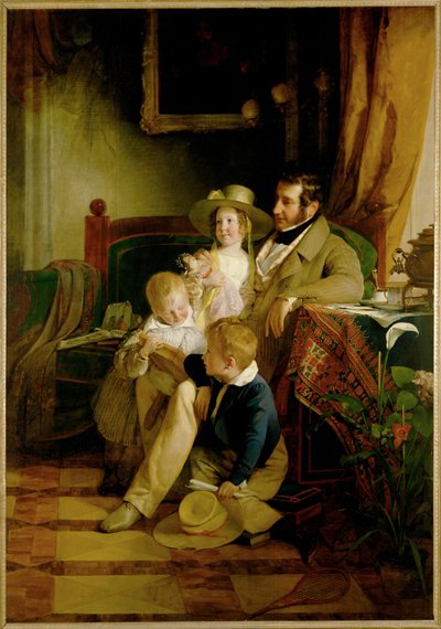 Rudolf von Arthaber i jego dzieci Rudolf Emilie i Gustav, patrzący na zdjęcie zmarłej żony i matki ... (obraz na płótnie) autorstwa Friedrich von Amerling