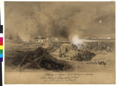 Oblężenie Komornu przez wojska k. k. w kwietniu 1849 r. (akwarela na papierze) autorstwa Fritz L