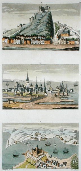 Porty skandynawskie (od góry do dołu: Kopenhaga, twierdza Segeburg i fort Sund) ok. 1800-15, płyta 50 z „Le Costume Ancien et Moderne” Julesa Ferrario, ryciny przez Angelo Biasioli (1790-1830) wydana ok. 1930 r. 1820-30 (kolor lito) autorstwa Fumagalli (after)
