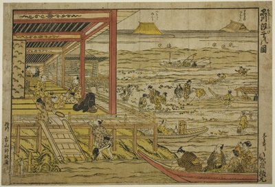 Ryba z pierścienia bramy w Shinagawa (kopanie małży w Shinagawa) autorstwa Furuyama Moromasa