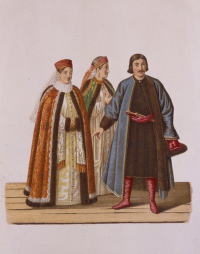 Odzież niezamężnych córek Bojarzy w czasach Piotra I Z serii Odzież autorstwa Fyodor Grigoryevich Solntsev
