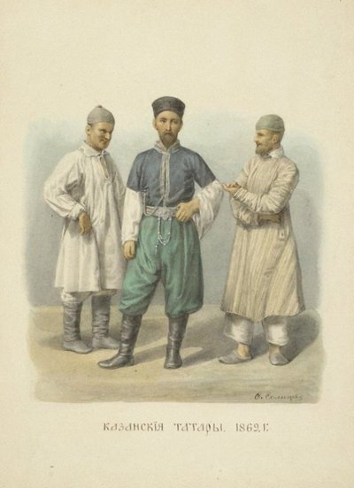 Tatarzy kazańscy, ilustracja z cyklu Odzież państwa rosyjskiego, 1869 autorstwa Fyodor Grigoryevich Solntsev