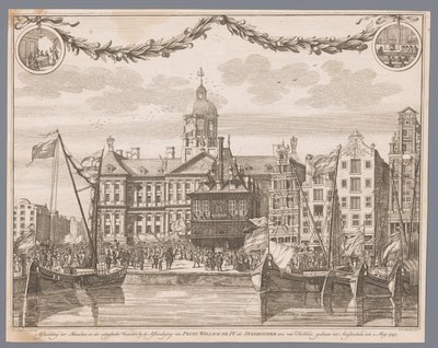 Tłum na placu Dam w Amsterdamie świętuje proklamację Willema IV jako stadtholder Wizerunek ludu i chorągwi wystrzelonych po proklamacji księcia Wilhelma IV namiestnikiem Holandii, dokonanej do Amsterdamu 2 maja 1747 r. (tytuł na autorstwa G.J. Marstaller