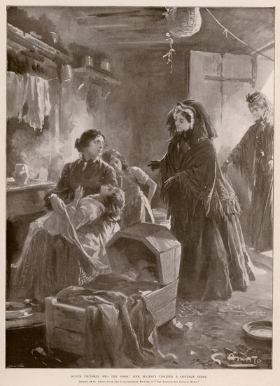Królowa Wiktoria i biedni: Królowa z wizytą w domku (fotograwiura) autorstwa G.S. (after) Amato