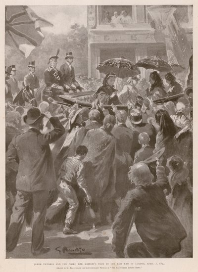 Królowa Wiktoria i biedni: Królowa odwiedzająca East End w Londynie, 2 kwietnia 1873 (fotograwiura) autorstwa G.S. (after) Amato