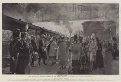 Król Edward VII żegna się z cesarzem niemieckim na stacji Charing Cross w dniu 5 lutego autorstwa G.S. Amato