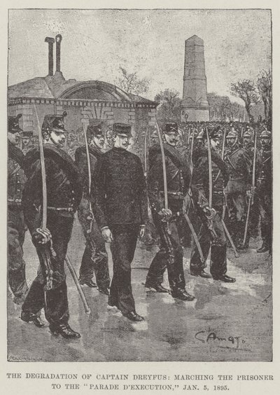 Degradacja kapitana Dreyfusa, maszerującego więźnia na paradę egzekucji, 5 stycznia 1895 autorstwa G.S. Amato
