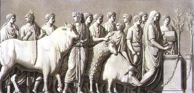 Płaskorzeźba byka, barana i dzika prowadzonego do ołtarza wotywnego, z "Le Costume Ancien et Moderne" Julesa Ferrario, grawerowane przez Fumagalli, opublikowane ok. lat 20-30 XIX w. (litografia kolorowa) autorstwa G. (after) Bramati