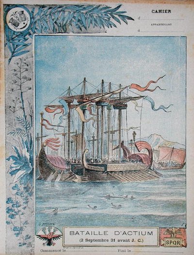 Okładka zeszytu szkolnego ilustrującego bitwę pod Akcjum, 2 września 31 pne, ok. 1900 (kolor lito) autorstwa G. Dascher