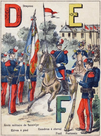 Litery D E F: Flaga, Szkoła Wojskowa Saint-Cyr (Saint Cyr), Elele pieszo, Eskadra Konna, Karabin i Fantazja, ok. 1900 (litografia) autorstwa G. Dascher