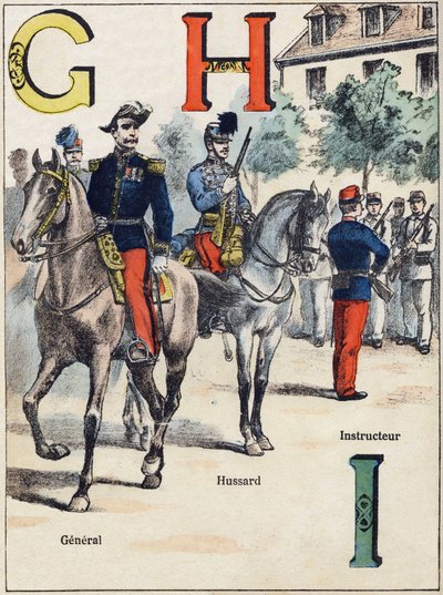 Litery G H I: Generał, Hussard i Instruktor. Grawer w "Alfabet militaire" z serii Grand-Bebe. Rytownictwo. Obrazowanie Pont-a-Mousson. Louis Vagne, drukarz-wydawca, ok. 1900. Ilustracje G. Dascher. 20 stron. Wymiary: 31,5x24,5cm autorstwa G. Dascher