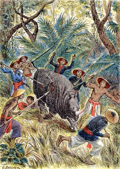 Polowanie na nosorożce, Indochiny Francuskie, ok. 1900 r. (ilustracja) autorstwa G. Dascher