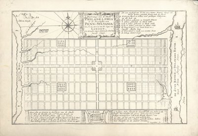 Pierwszy plan dla Filadelfii, opracowany przez Williama Penna i Thomasa Holme w 1682, 1684 autorstwa G. Drogenham