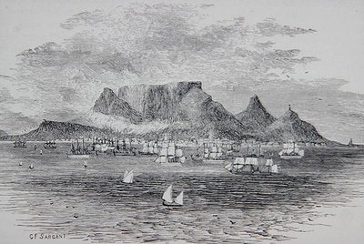Kapsztad widziany z Table Bay, Republika Południowej Afryki, z „Galerii geografii” ks. Thomasa Milnera, opublikowana ok. 1880 r. (rycina) autorstwa G. F. (after) Sargent
