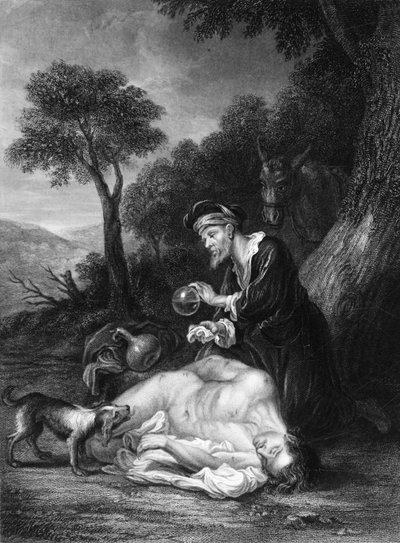 Opatrywał rany, dolewając oliwy i wina, ok. 1830. autorstwa G. H. Adcock