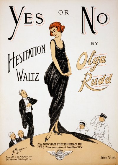 Okładka do nuty „Tak or No Hesitation Waltz” Olgi Rudd, wydanie 1919 (kolor lito) autorstwa G. Hyman