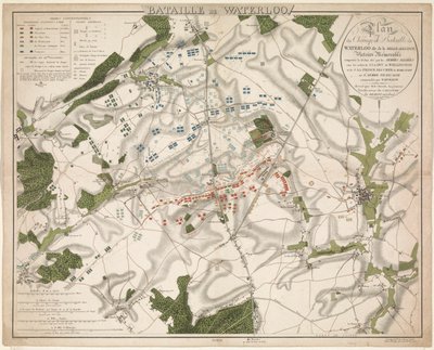 Kaart van de Slag bij Waterloo, 1815 Bitwa pod Waterloo / Plan bitwy pod Waterloo o nazwie Belle-Alliance. Pamiętne zwycięstwo odniesione 18 czerwca 1815 r. przez wojska alianckie (...) (tytuł na obiekcie) autorstwa G. Jacowick