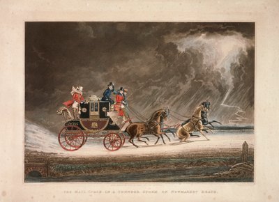 Wagon pocztowy podczas burzy na Newmarket Heath, Suffolk, 1827. autorstwa G Reeves