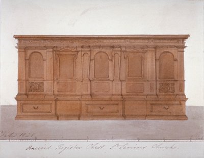 Starożytna skrzynia rejestrowa z katedry w Southwark, Londyn, 1825 r autorstwa G Yates