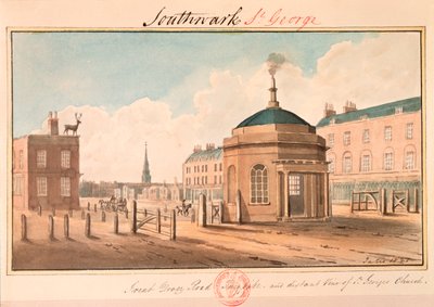 „Great Dover Road Turnpike i daleki widok na kościół św. Jerzego”, Southwark, Londyn, 1825 autorstwa G Yates