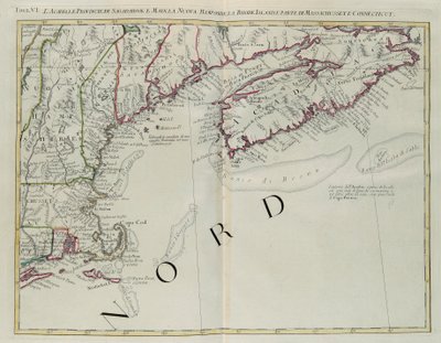 Acadia, prowincje Sagadahoc i Maine, New Hampshire, Rhode Island i część Massachusetts i Connecticut, rycina G. Zulianiego zaczerpnięta z Tomu I „Najnowszego Atlasu” opublikowanego w Wenecji w 1778 r. przez Antonio Zattę, kolekcja prywatna autorstwa G. Zuliani