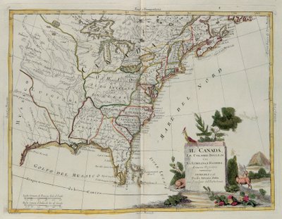 Kanada, kolonie angielskie z Luizjaną i Florydą, rycina G. Zulianiego zaczerpnięta z Tomu I najnowszego Atlasu wydanego w Wenecji w 1778 r. przez Antonio Zattę, Kolekcja prywatna autorstwa G. Zuliani