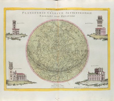 Tablica kosmograficzna północnej planisfery niebieskiej wycięta na równiku, rycina G. Zulianiego zaczerpnięta z Tomu I najnowszego Atlasu opublikowanego w Wenecji w 1777 roku przez Antonio Zattę autorstwa G. Zuliani