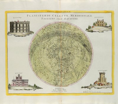 Płyta kosmograficzna Południowej Planisfery Niebiańskiej wyciętej na równiku, rycina G. Zulianiego zaczerpnięta z Tomu I najnowszego Atlasu opublikowanego w Wenecji w 1777 roku przez Antonio Zattę autorstwa G. Zuliani