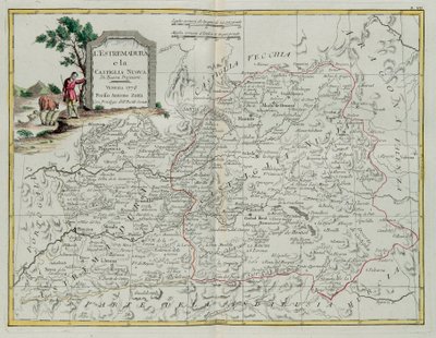 Extremadura i Castilla la Nueva, rycina G. Zulianiego zaczerpnięta z Tomu I najnowszego Atlasu wydanego w Wenecji w 1776 r. przez Antonio Zattę, kolekcja prywatna autorstwa G. Zuliani