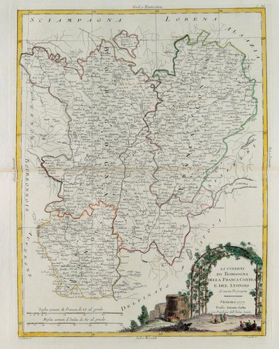 Governances of Bourgogne, Franca Contea and Lyons, rycina G. Zulianiego zaczerpnięta z Tomu I najnowszego Atlasu wydanego w Wenecji w 1777 r. przez Antonio Zattę, kolekcja prywatna autorstwa G. Zuliani