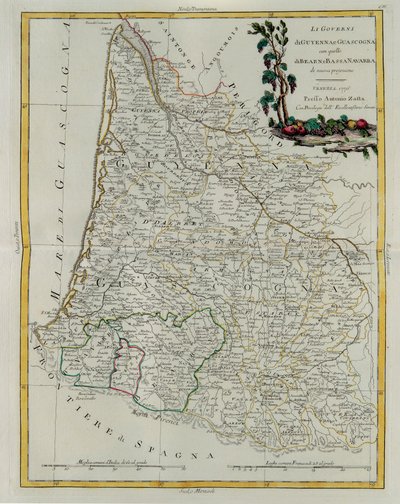 Governances of Guyenne and Gascogne z rządami Bearn i Dolnej Nawarry, rycina G. Zulianiego zaczerpnięta z Tome I najnowszego Atlasu opublikowanego w Wenecji w 1776 r. przez Antonio Zattę, kolekcja prywatna autorstwa G. Zuliani