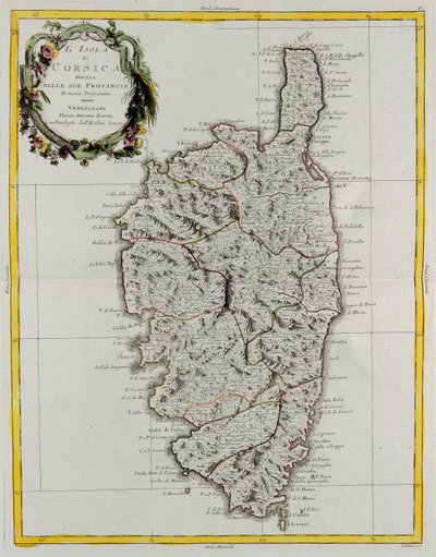 Wyspa Korsyka podzielona na prowincje, rycina G. Zulianiego zaczerpnięta z Księgi II „Najnowszego Atlasu” wydanego w Wenecji w 1782 r. przez Antonio Zattę, zbiory prywatne autorstwa G. Zuliani