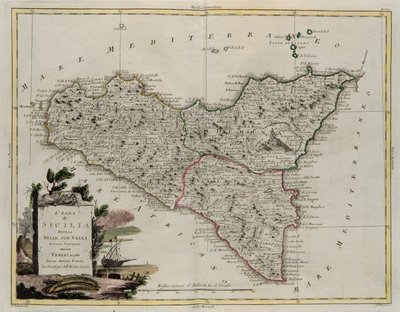 Wyspa Sycylia, podzielona na jej doliny, rycina G. Zulianiego zaczerpnięta z tomu II najnowszego Atlasu wydanego w Wenecji w 1782 r. przez Antonio Zattę, zbiory prywatne autorstwa G. Zuliani