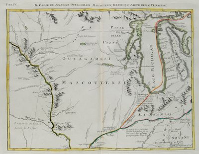 Land of Outagamie, Mascoutin, Illinois Indians i część Sześciu Narodów, rycina G. Zulianiego zaczerpnięta z Tomu I „Najnowszego Atlasu” opublikowanego w Wenecji w 1778 r. przez Antonio Zattę, zbiory prywatne autorstwa G. Zuliani