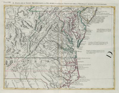 Maryland, południowe New Jersey, Delaware i wschodnia część Wirginii i Północnej Karoliny, rycina G. Zulianiego zaczerpnięta z Księgi I „Najnowszego Atlasu” opublikowanego w Wenecji w 1778 r. przez Antonio Zattę, Kolekcja prywatna autorstwa G. Zuliani