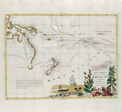 Nowe odkrycia dokonane w 1775, 67 i 69 na Morzu Południowym, rycina G. Zulianiego zaczerpnięta z Tomu I najnowszego Atlasu wydanego w Wenecji w 1776 roku przez Antonio Zattę, Kolekcja prywatna autorstwa G. Zuliani