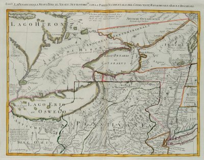 Pennsylwania, Nowy Jork, południowe New Jersey, z zachodnią częścią Connecticut, Massachusetts Bay i Krajem Irokezów, rycina G. Zulianiego zaczerpnięta z Tomu I „Najnowszego Atlasu” wydanego w Wenecji w 1778 r. przez Antonio Zattę, Kolekcja prywatna autorstwa G. Zuliani