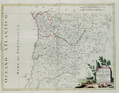 Portugalia, czyli prowincje Entre Douro, Minho, Traz-os-Montes i Beir, rycina G. Zulianiego zaczerpnięta z Tomu I najnowszego Atlasu wydanego w Wenecji w 1776 r. przez Antonio Zattę, Private Coll autorstwa G. Zuliani