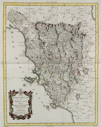 Wielkie Księstwo Toskanii podzielone na prowincje, rycina G. Zulianiego zaczerpnięta z tomu II „Najnowszego Atlasu” wydanego w Wenecji w 1783 r. przez Antonio Zattę, kolekcja prywatna autorstwa G. Zuliani