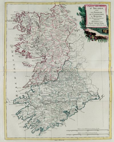 Królestwo Irlandii, że prowincje Munster i Connaught, grawerowane przez G. Zulianiego pochodzi z tomu I „Atlas Novissimo” opublikowanego w Wenecji w 1778 r. przez Antonio Zatta, kolekcja prywatna autorstwa G. Zuliani