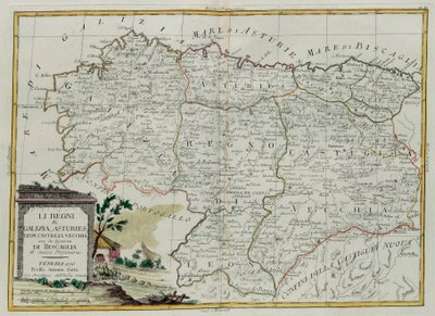 The Kingdoms of Galicia, Asturies, Leon, Castilla Vieja with Council of Biscallia, rycina G. Zulianiego zaczerpnięta z Tome I najnowszego Atlasu wydanego w Wenecji w 1776 roku przez Antonio Zattę, Priva autorstwa G. Zuliani