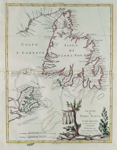 Wyspy Nowej Fundlandii i Cape Breton, rycina G. Zulianiego zaczerpnięta z Tomu I "Najnowszego Atlasu" opublikowanego w Wenecji w 1778 r. przez Antonio Zattę, kolekcja prywatna autorstwa G. Zuliani