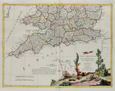 Południowa część Anglii i Principate of Wales, rycina G. Zulianiego zaczerpnięta z Tomu I najnowszego Atlasu wydanego w Wenecji w 1778 r. przez Antonio Zattę, Kolekcja prywatna autorstwa G. Zuliani