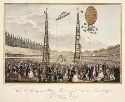 Lot bolońskiego Muzio Muzzi (1809-46) w sterowcu Retirremiga, 1838 autorstwa G. after Meloni