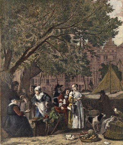 Targ ziół w Amsterdamie. Rycina XIX wiek po obrazie Gabriela Metsu (1629-1667). autorstwa Gabriel (after) Metsu