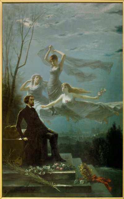 Romantyzm: „Noce Musseta” Francuski poeta Alfred de Musset (1810-1857) zainspirował Muzy do napisania obrazu „Noce” Gabriela Aimable de la Foulhouze (1825-1887). 1886 Olej na płótnie Clermont Ferrand (Clermont-Ferrand). zrozumiałem autorstwa Gabriel Amable de Lafoulhouze
