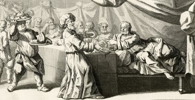 Jezus zaproszony na obiad z faryzeuszem, ilustracja z Ewangelii św. Łukasza, rozdział 11:37, 1728 autorstwa Gabriel Francois Louis Debrie