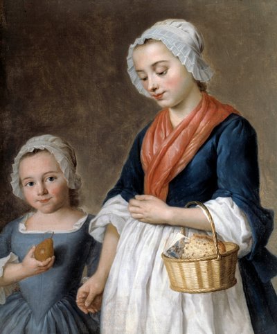 Ma?a dziewczynka jazdy w klasie Matka gospodarstwa smak jej ma?ej córeczki w koszu. Fragment obrazu Gabriela Gresly