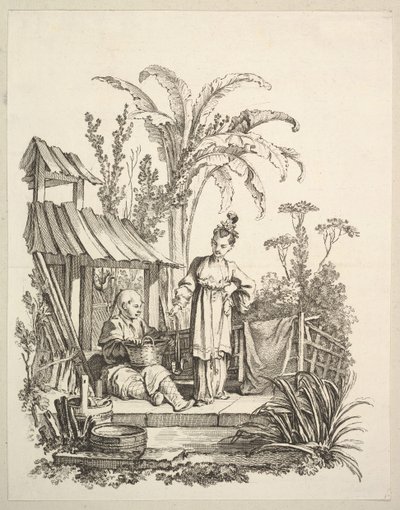 Siedzący Chińczyk i kobieta niosąca rybę, ok. godz. 1742. autorstwa Gabriel Huquier
