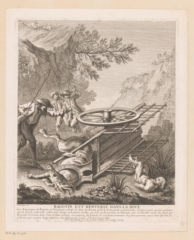 Ragotin valt van de wagen Ragotin zostaje powalony w błocie (tytuł na obiekcie) Sceny z Romana Comique van Scarrona (tytuł serii) autorstwa Gabriel Huquier